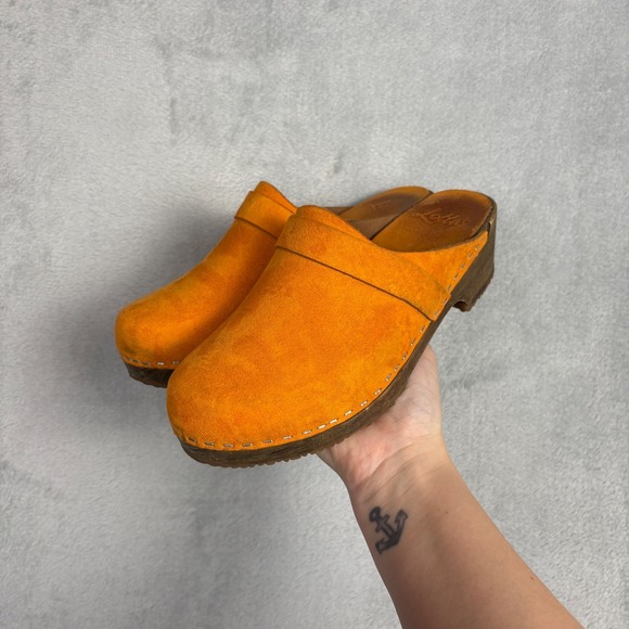 Lottas From Stockholm Shoes - Lottas from Stockholm Orange Suede Wooden Clogs Swedish Mules Womens 39 Vintage